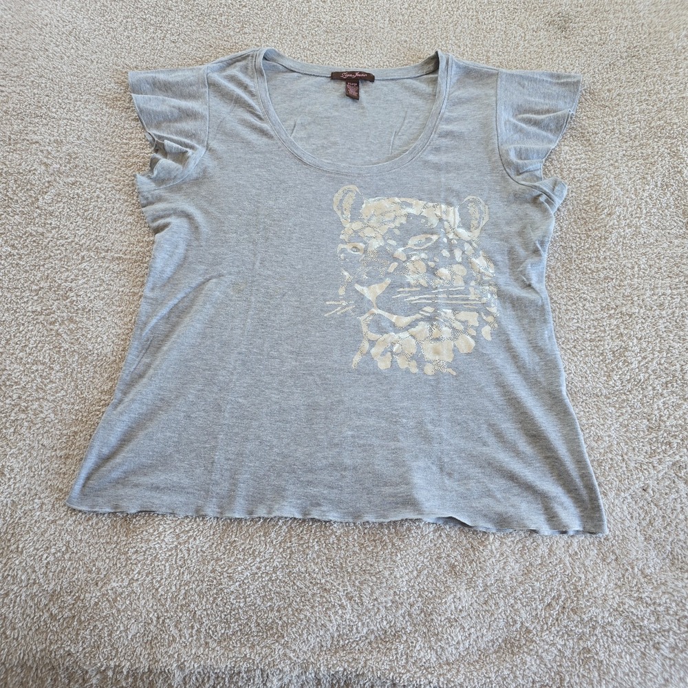 Lena Jeans Women's Gray Short Sleeve‎ Shirt W/Metallic Silver Leopard Sz XL Y2K